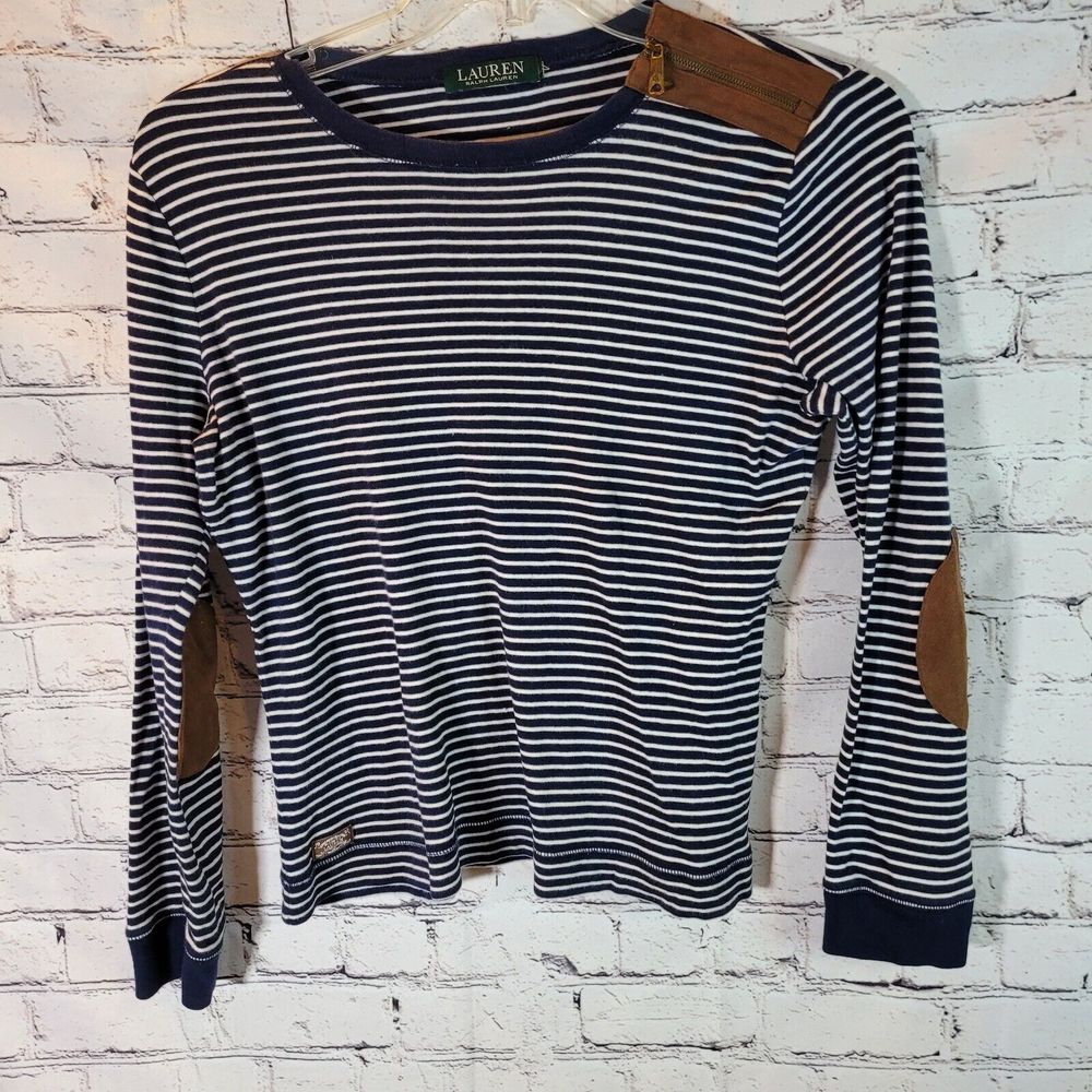 Lauren Ralph Lauren Womens Shirt LS Striped‎ Elbow Patches Size L(no tag)